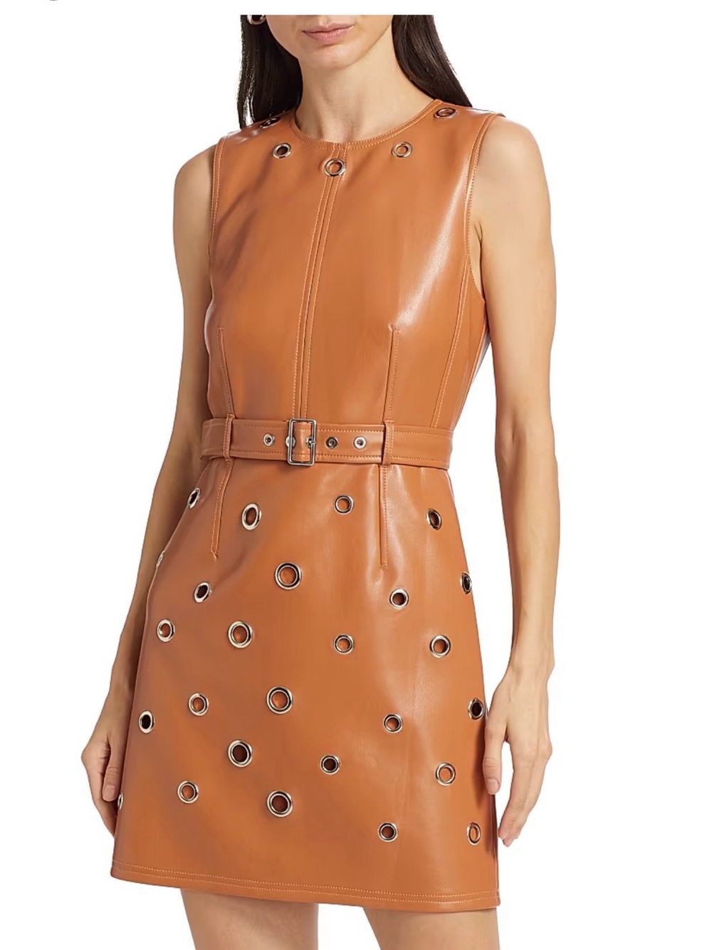 Sleeveless Faux Leather A-Line Dress with Grommet Detail - Tan